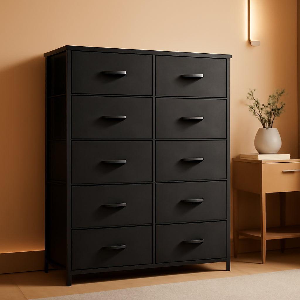 Tall Black Dresser With 10 Drawers And Fabric Bins Storage Organizer-0