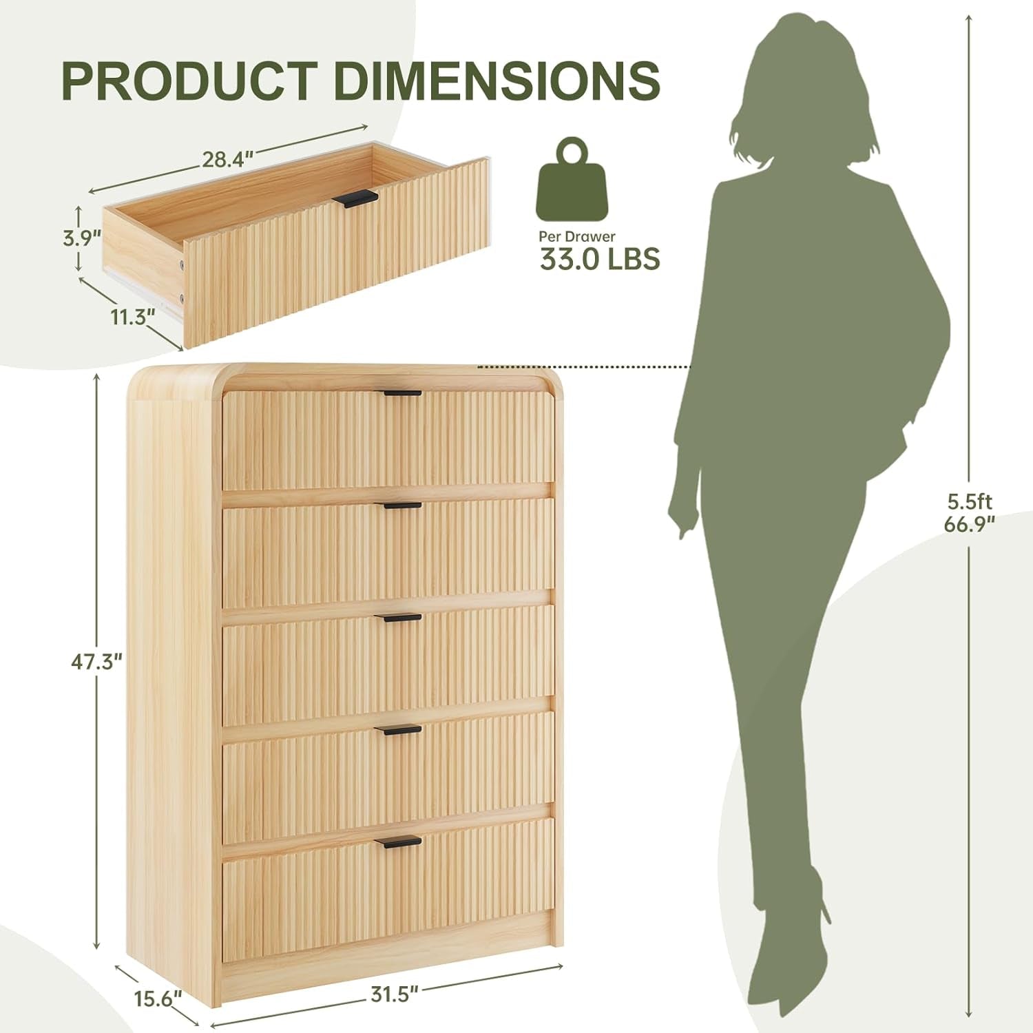Natural Oak 48-Inch Modern Wooden Dresser with 5 Drawers-1