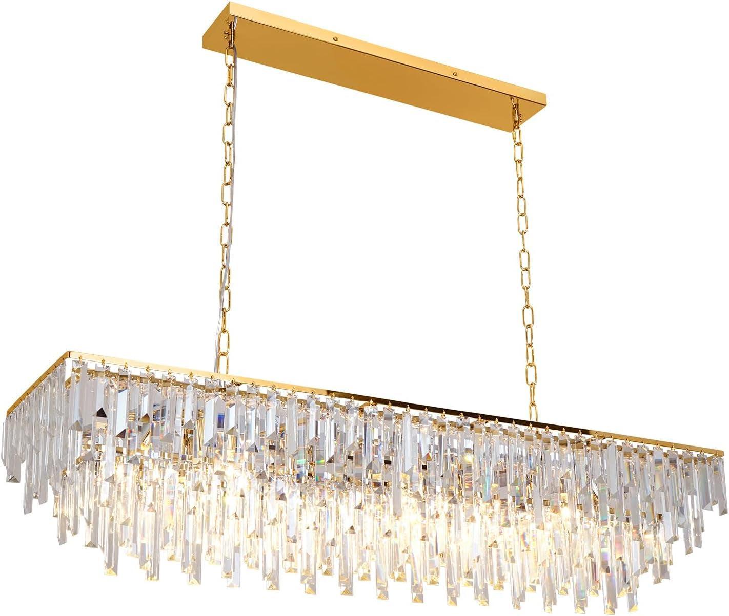 47 Inch Gold Rectangular Crystal Chandelier With Prisms-1