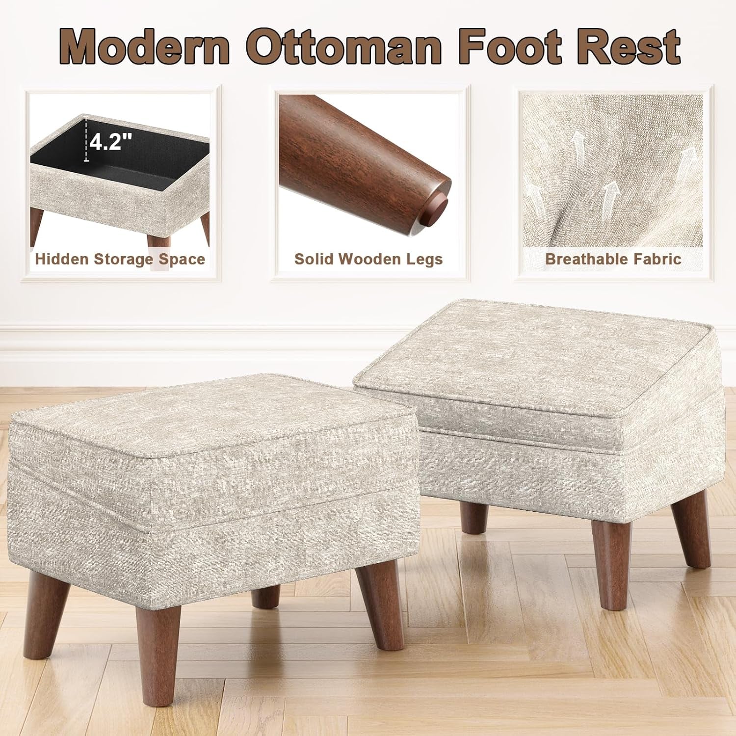 Beige Upholstered Storage Ottoman With Removable Lid-4