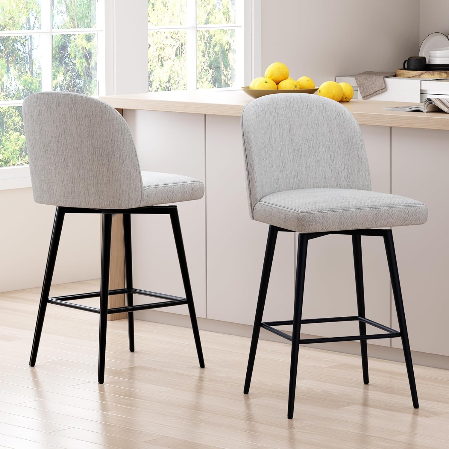 Counter Height Bar Stools Set of 3, 26 Inch Upholstered 360°Swivel Barstools with Back and Metal Legs, Linen Fabric Counter Stools for Kitchen Island, Dining Room, Pub, Light Grey-1