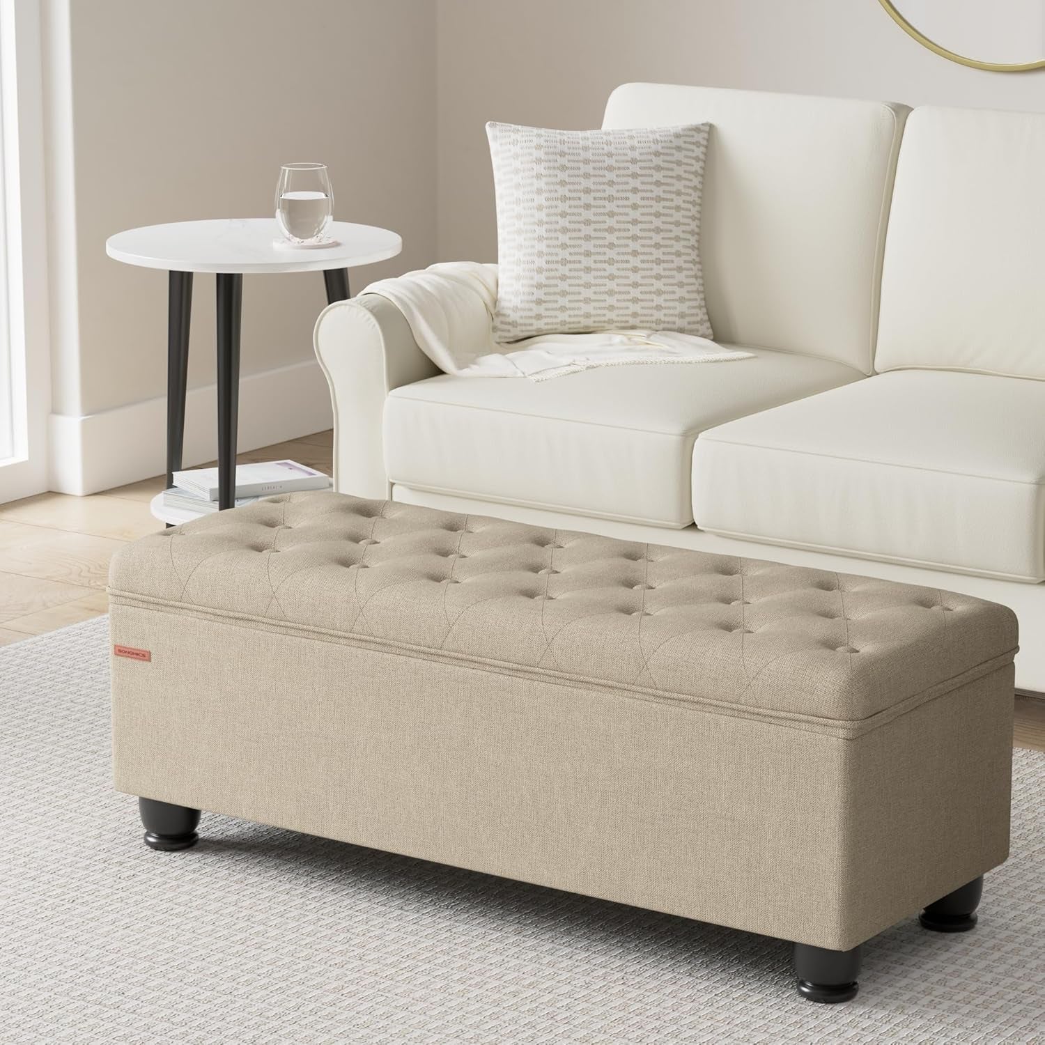Camel Brown Linen Storage Ottoman Bench Reinforced-1
