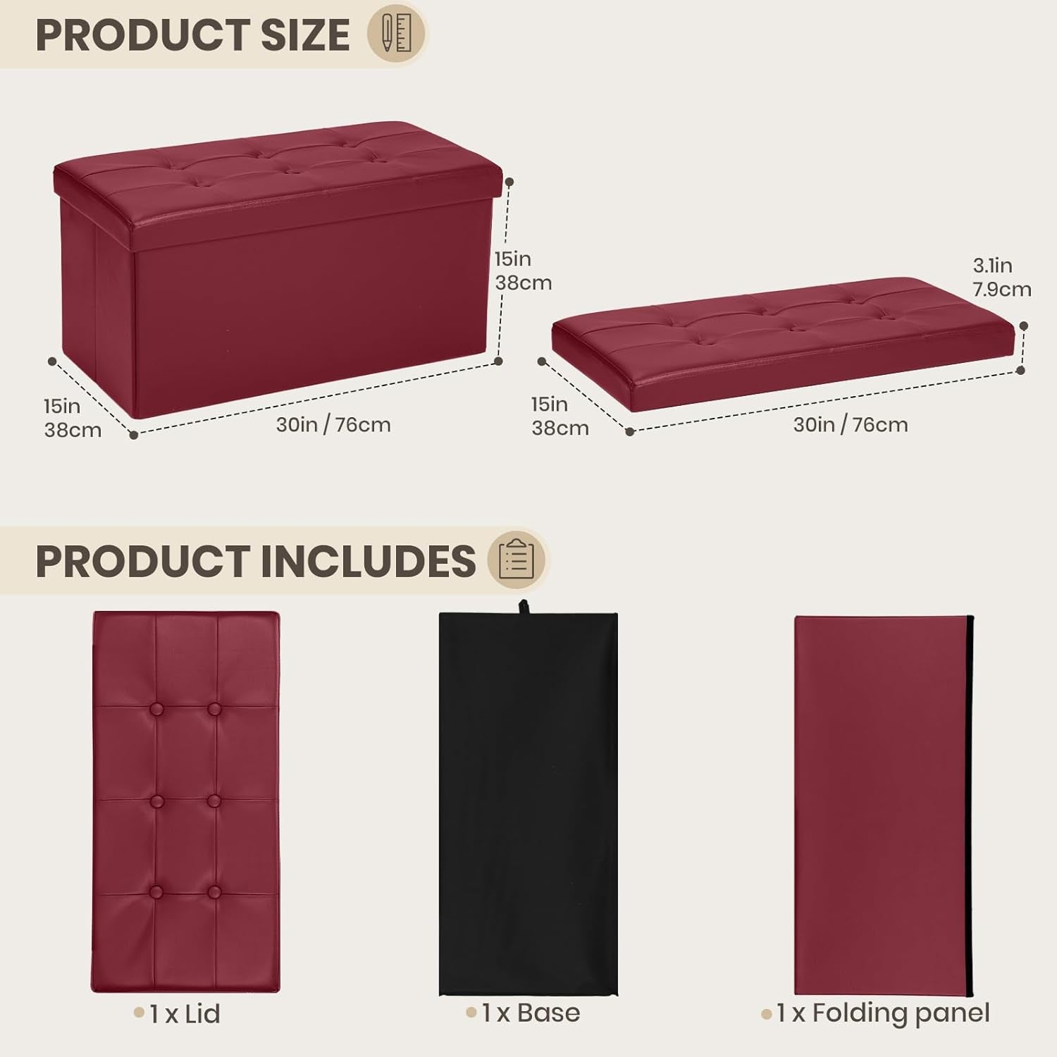 Ottoman Storage Bench 30x15x15 Inches Burgundy Leather-2