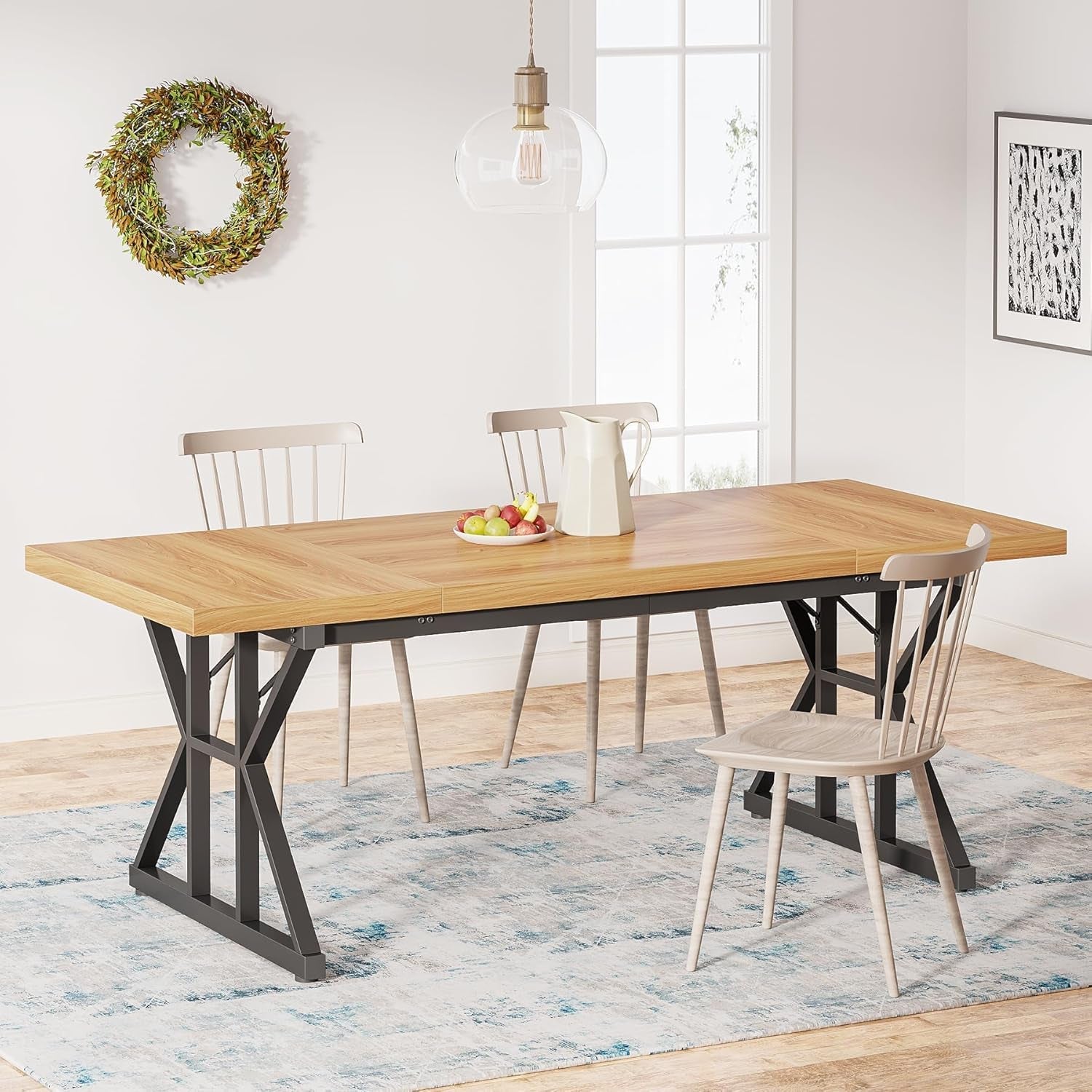 Farmhouse Dining Table for 6 People, 70.8-Inch Rectangular Wood Dining Table, Rustic Kitchen Table with Heavy Duty Metal Legs for Dining Room-0