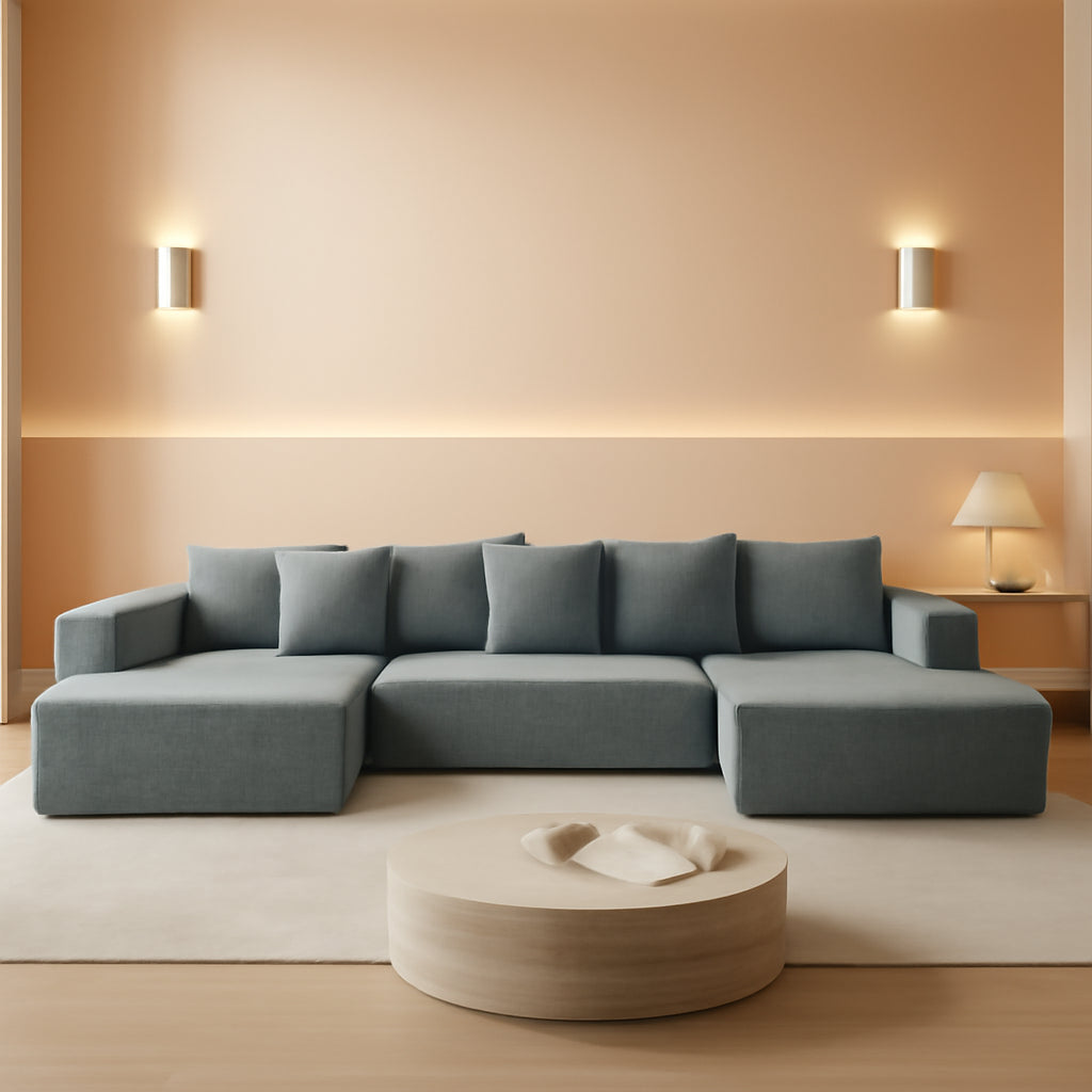 U Shaped Modular Sectional Sofa 6 Seater Grey Chenille-0