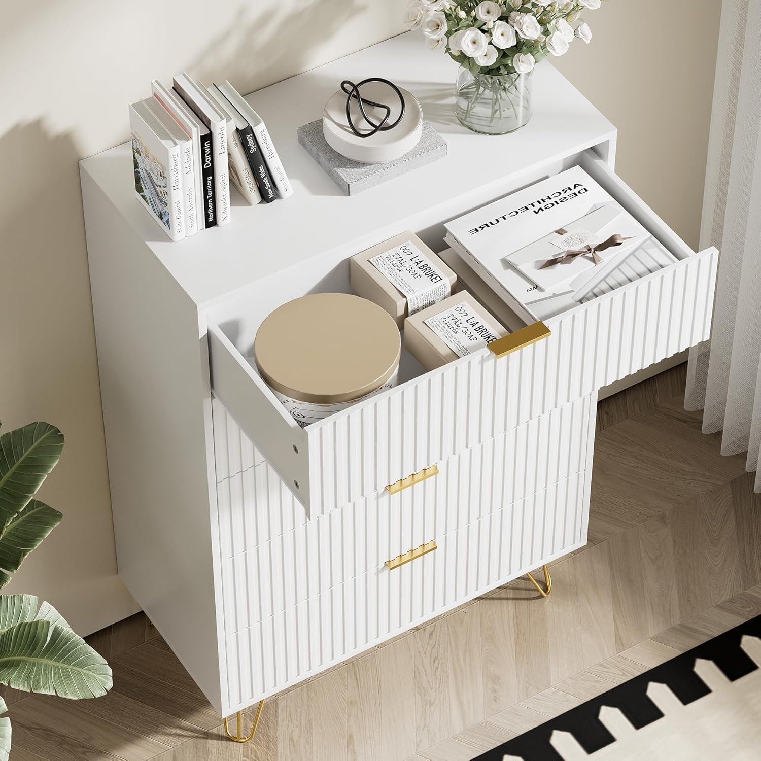 White Contemporary Fluted Dresser Featuring Gold Pulls-3