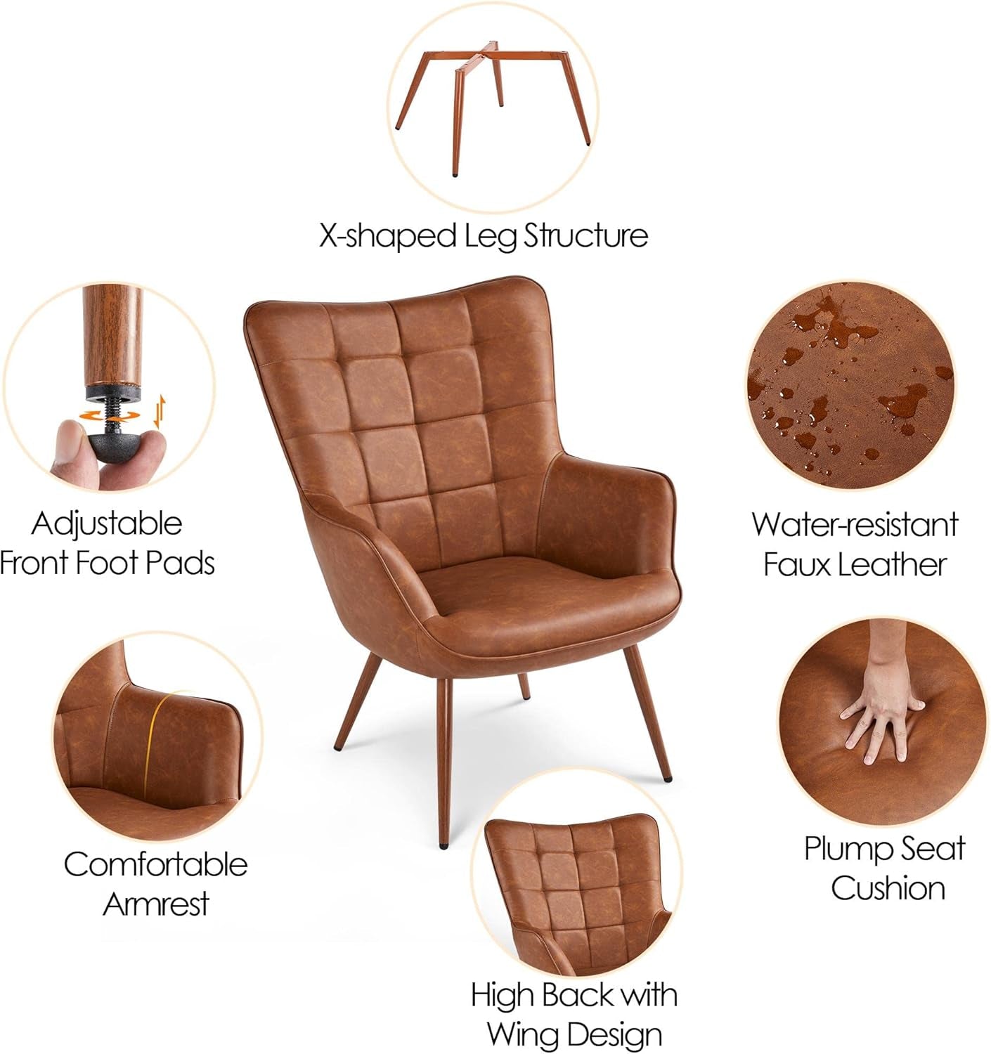 Leather Accent Chair Camel With Metal Legs For Living Room-4