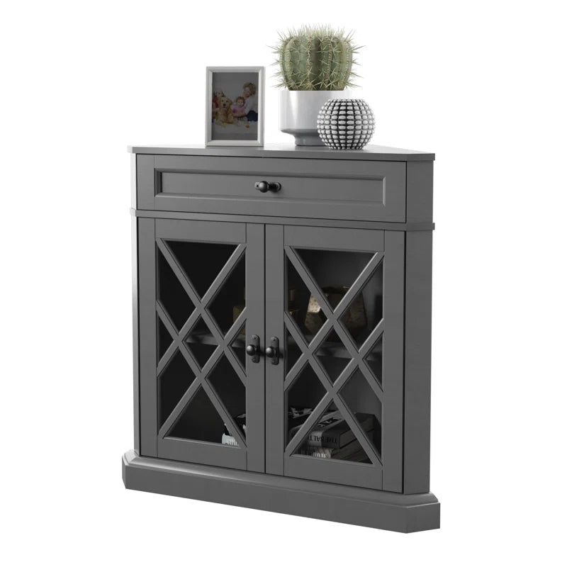 Triangular Corner Accent Cabinet With Drawer And Shelves-1