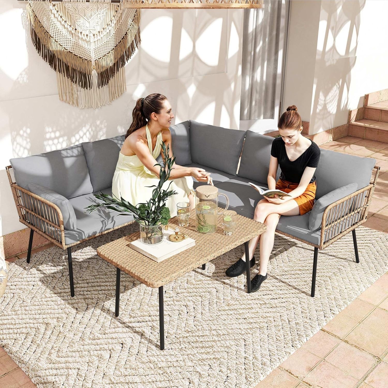 Patio Furniture Set 4 Piece Wicker Outdoor Grey Sectional-2