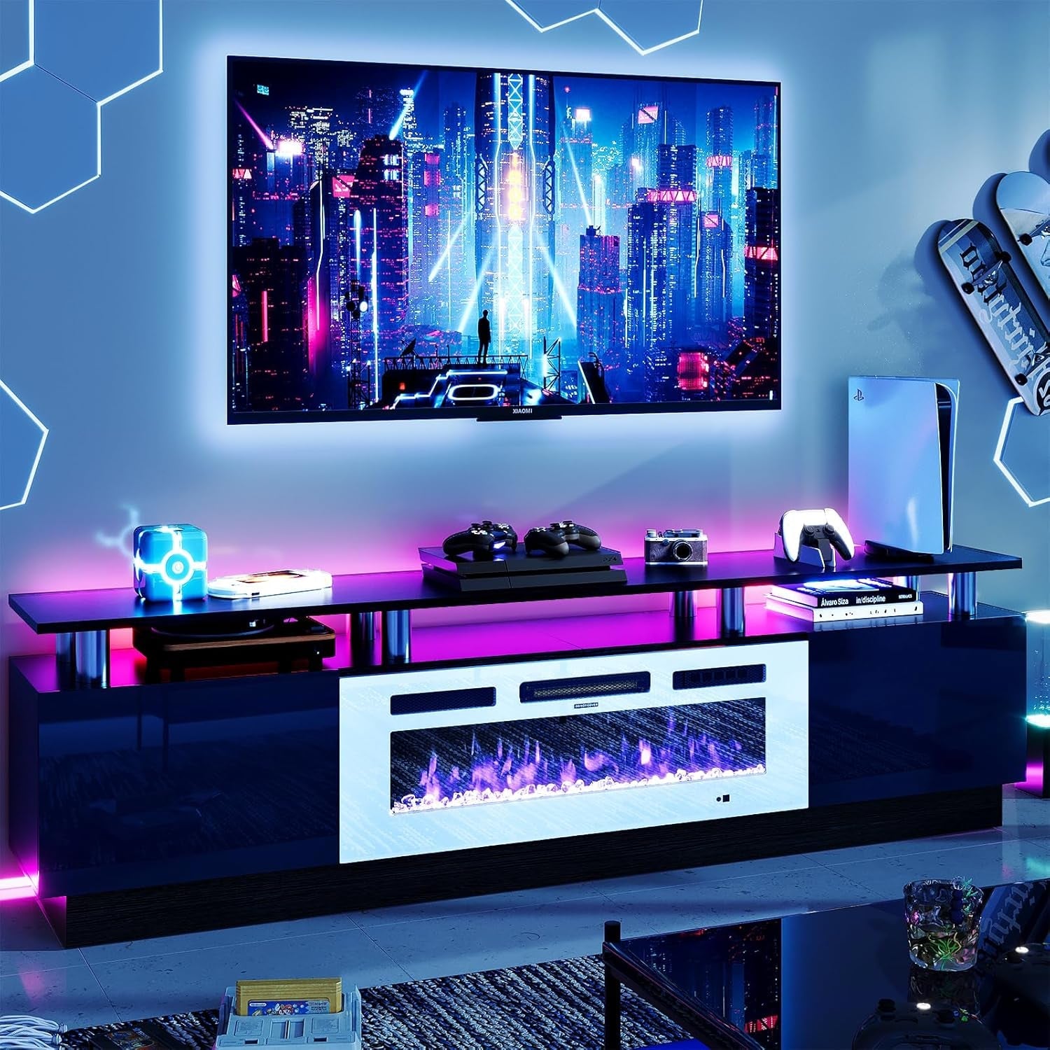 Fireplace TV Stand with 36” Electric Fireplace, 80” 2 Tier TV Console Stand for Tvs up to 90", LED Light Entertainment Center, Fireplace for the Living Room TV Stand, Black-0