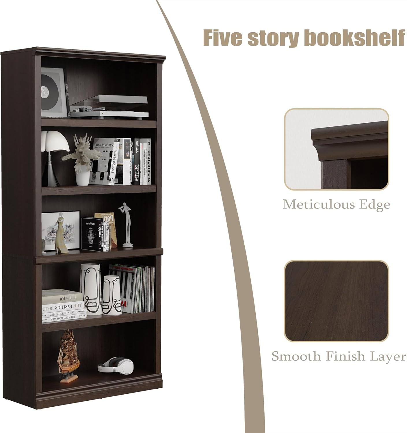 Bevfint 70 Inch Dark Cherry 5 Tier Floor Standing Bookcase-3