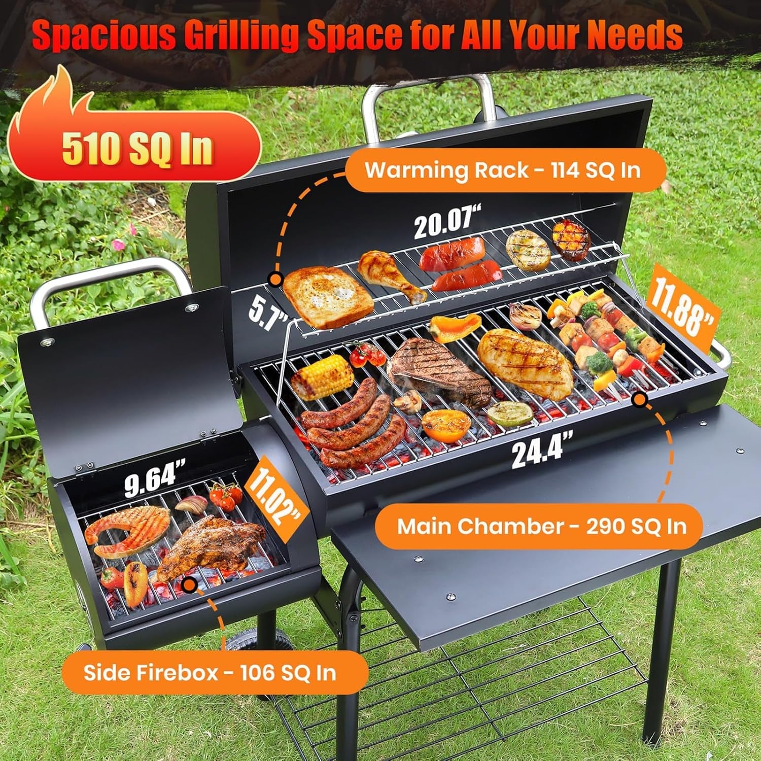 Charcoal Grill With Offset Smoker 510 Sq In Capacity
