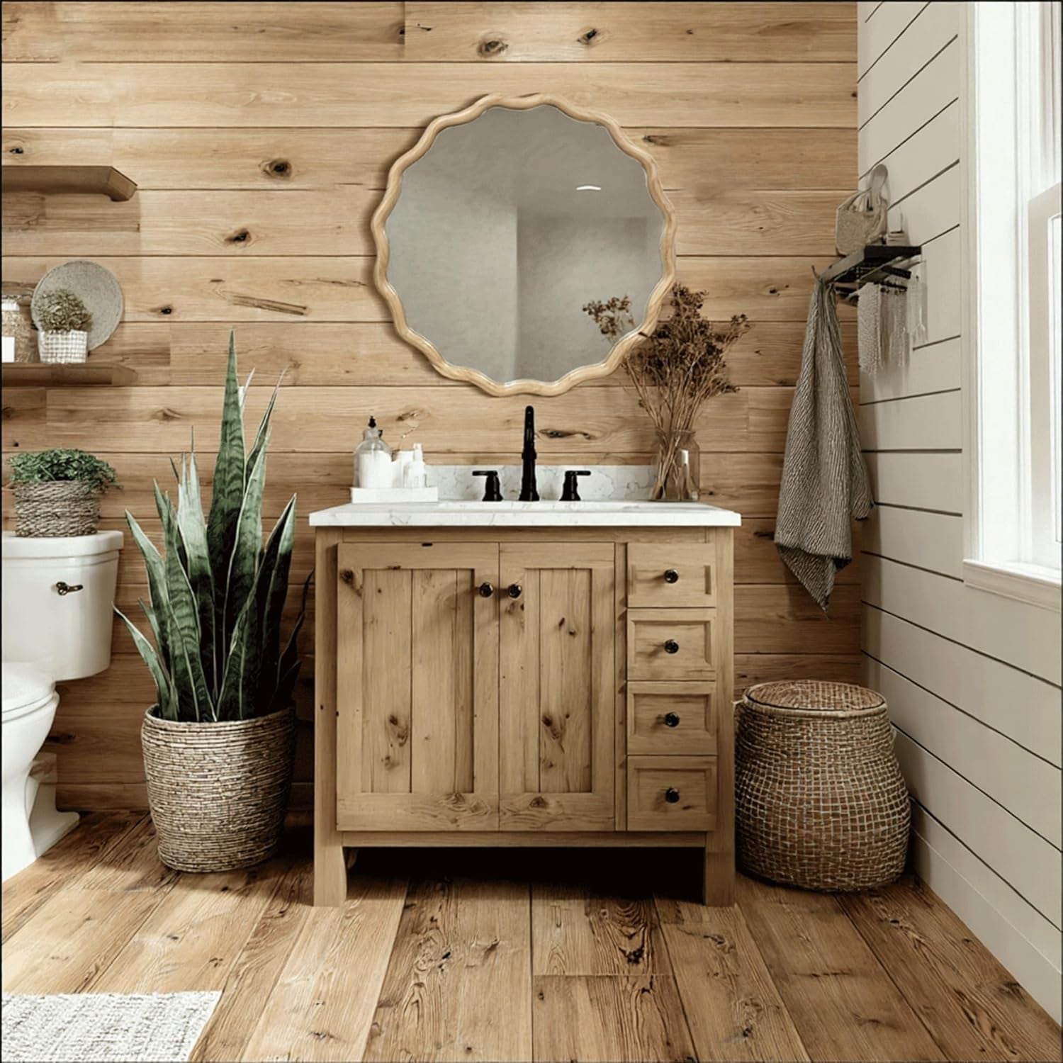 Round Wood Wall Mirror 24 Inch Shatterproof Glass Mounted-3