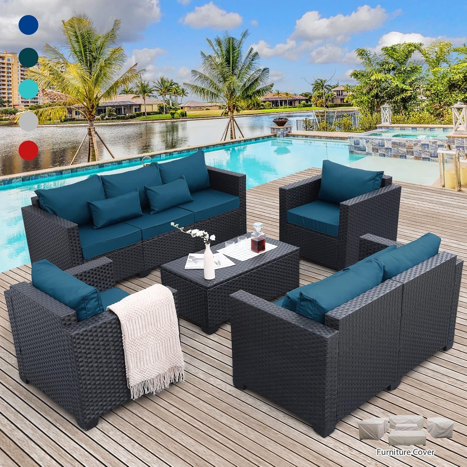 Peacock Blue 5 Piece Patio Furniture Set With Anti Slip Cushions And Covers-0