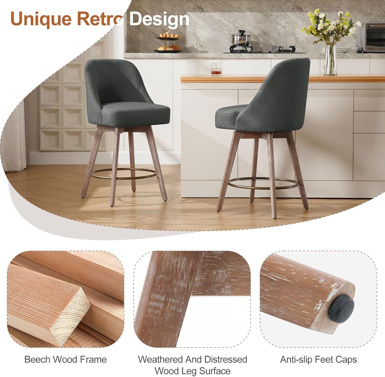 Counter Height Bar Stools Set of 4, Modern Mid-Century Swivel Barstools with Backs and Wood Legs, Linen Fabric Upholstered Bar Chairs, 26" Seat Height Counter Stools for Kitchen Island, Gray-3