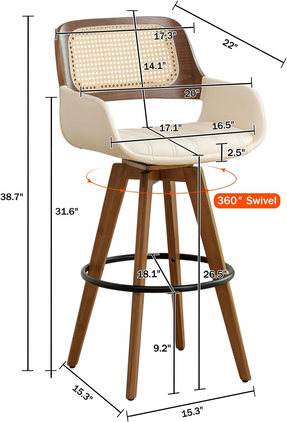 Rattan Swivel Bar Stools, Counter Height Bar Stools with Cane Back, Upholstered Seat, Faux Leather Upholstered Furniture for Island/Counter (Beige, 26.5"-2 PCS)-1