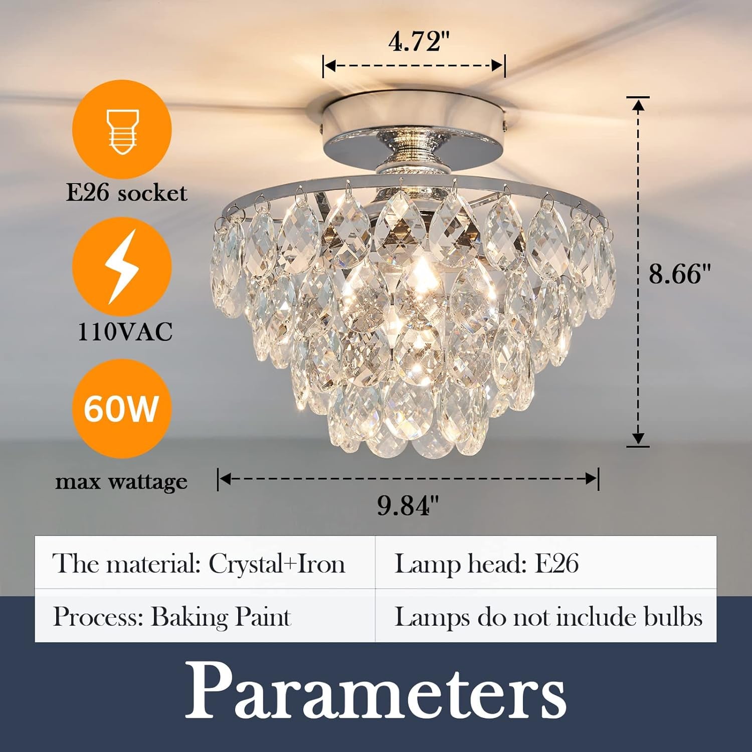 Crystal Chandelier Ceiling Light E26 Chrome Fixture-2