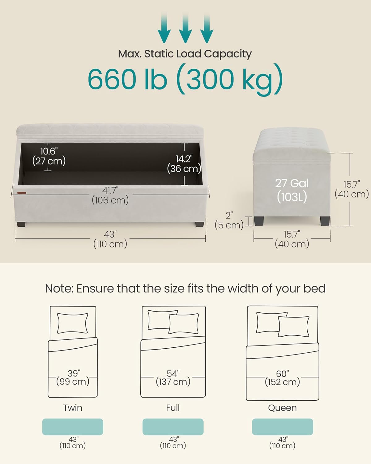 Cream Velvet Textured Storage Ottoman Bench 43Inch-2