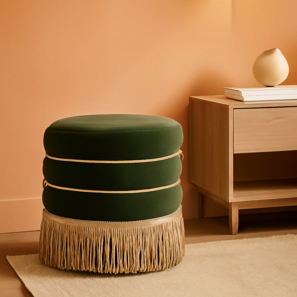 Olive Performance Velvet Round Ottoman With Fringe-0