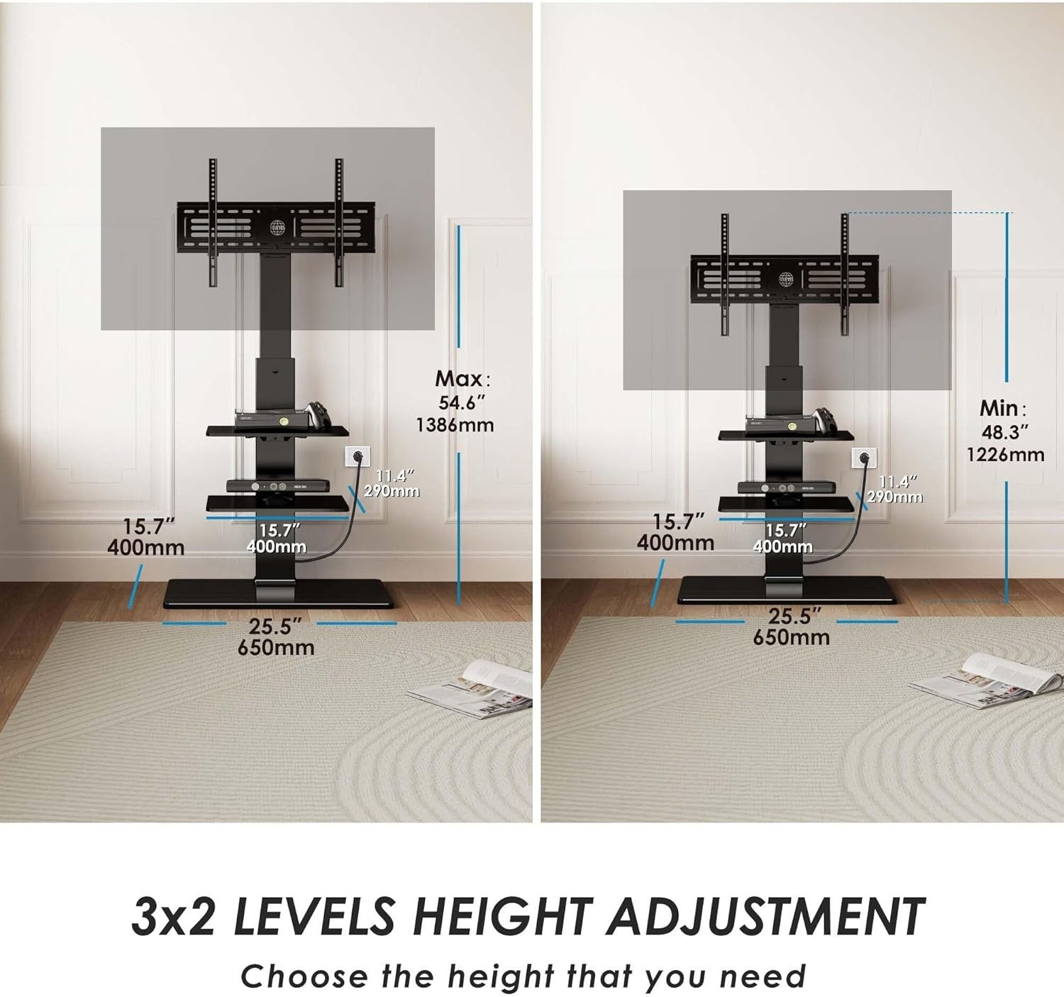 Floor TV Stand with Power Strip for Tvs 32-75 Inch Tvs, Universal TV Stand for Bedroom Living Room with Tempered Glass TV Stand, Swivel TV Stand Holds up to 88Lbs MAX VESA 600X400Mm,Black-3