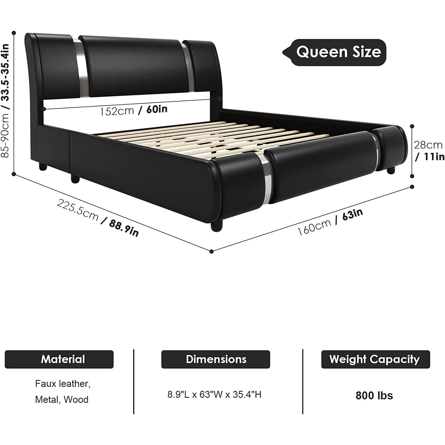 Queen Faux Leather Upholstered Platform Bed Frame-2