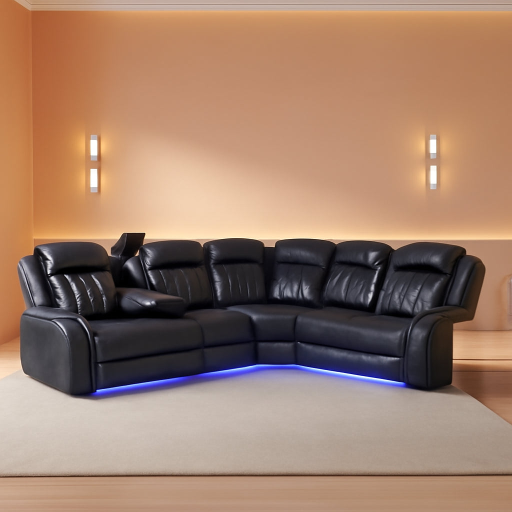Power Recliner Sectional Sofa Set In Black With Led Lights-0