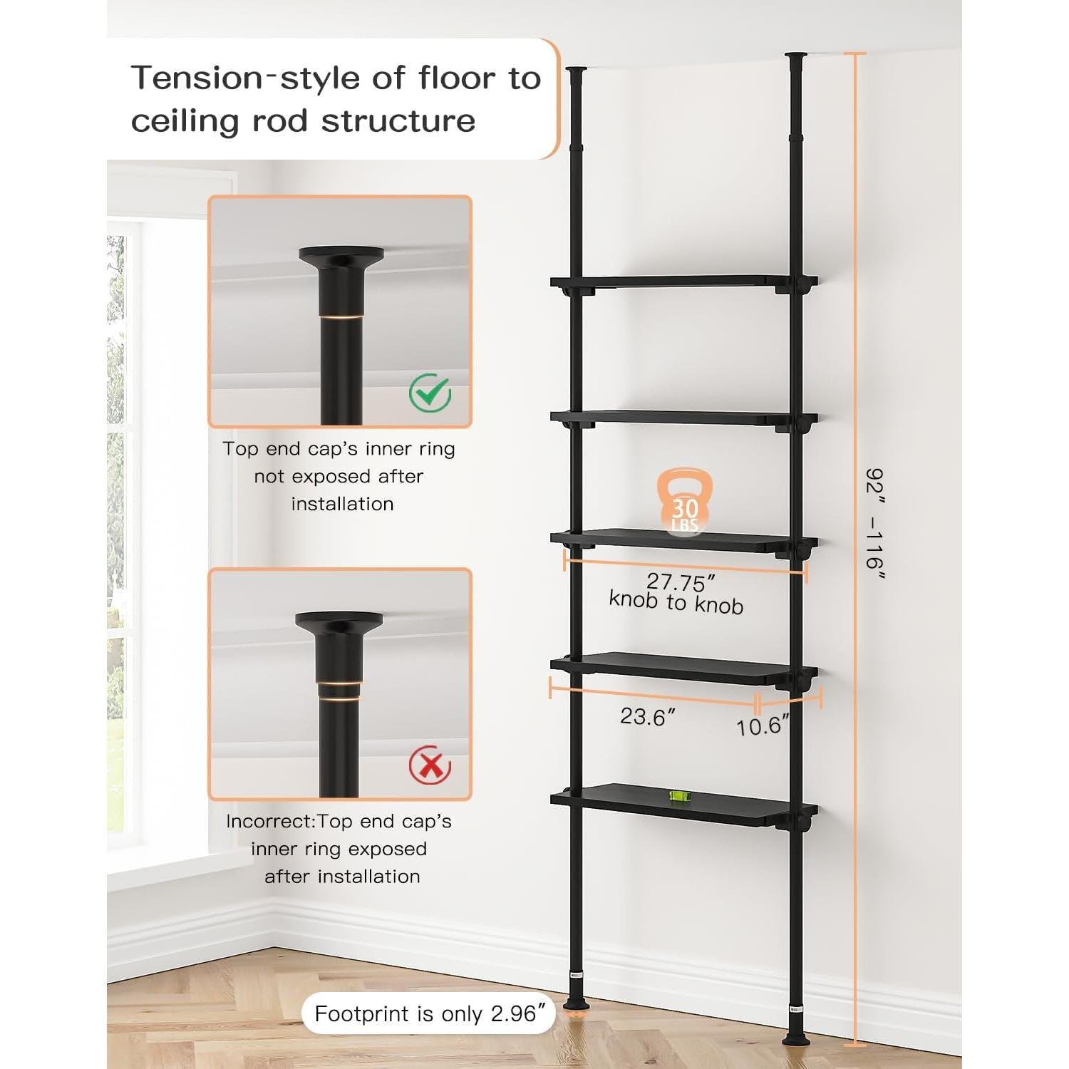 5 Tiers Narrow Bookshelf, Tall Adjustable Ladder Book Shelf with Open Storage, Floor to Ceiling Tension Mount, Wooden Industrial Bookcase for Living Room, 92 to 116 Inch, Black-1