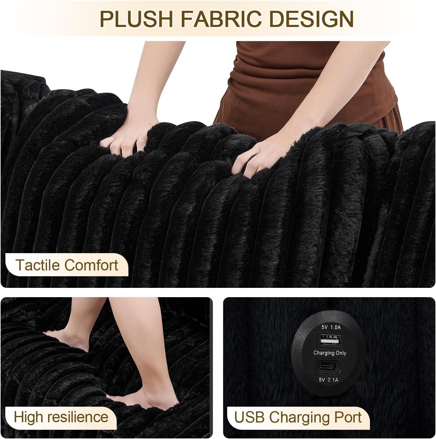 Black 122Inch U Shaped Sleeper Sectional USB Charging Ports-3