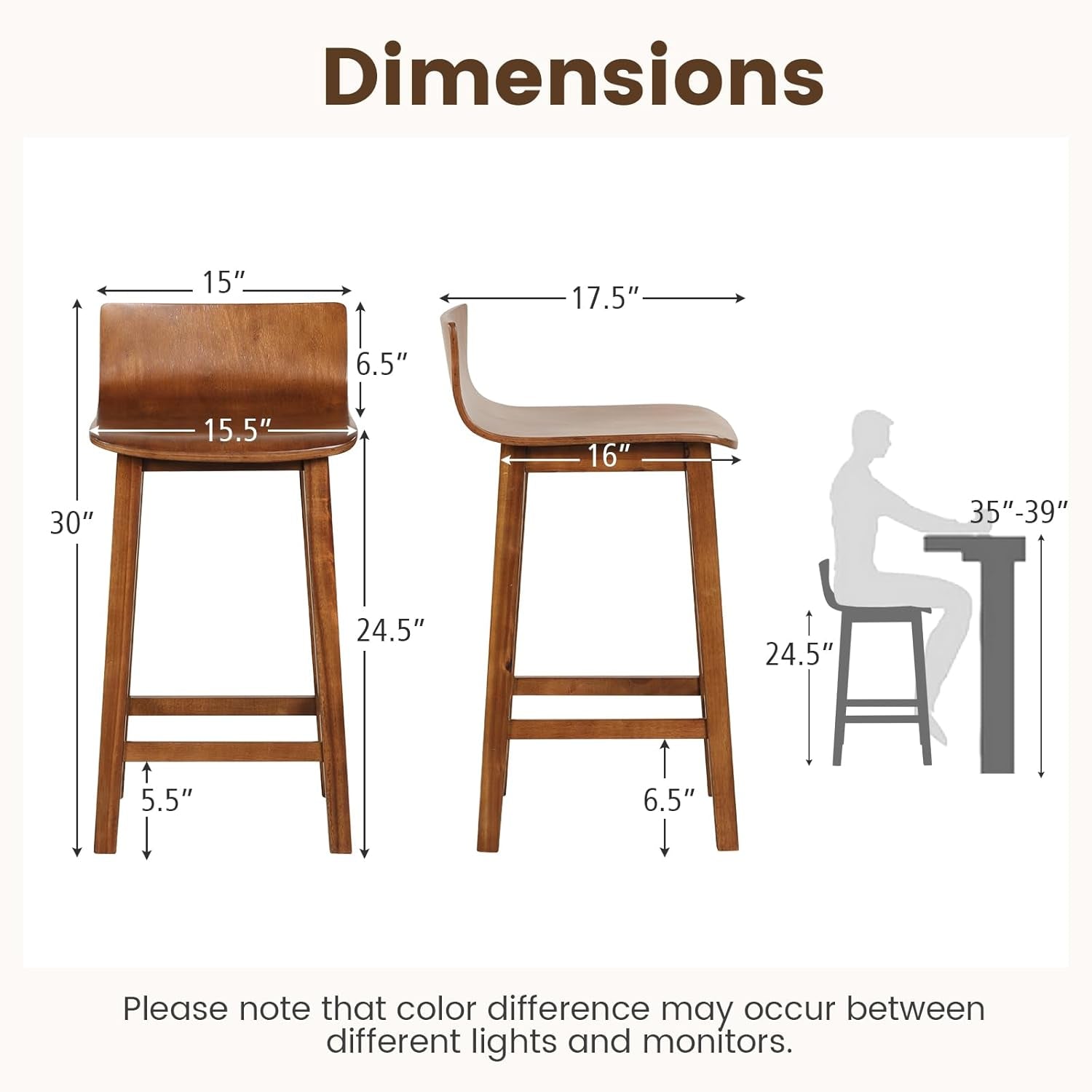 24.5 Inch Counter Height Farmhouse Wooden Bar Stool Set Of 2 With Brown Footrest And Low Back-2