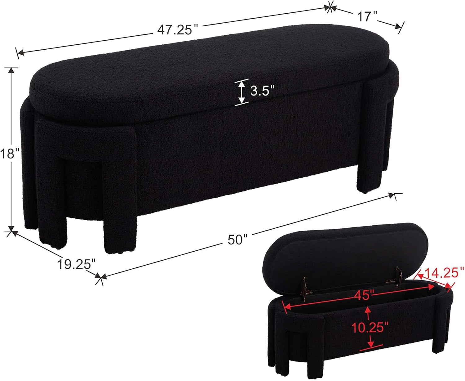 FiftyInch Sherpa Black Upholstered Storage Bench Ottoman-1