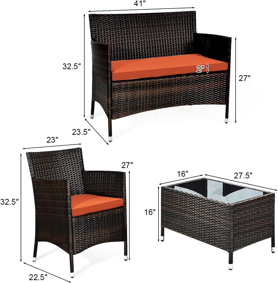 Rattan Patio Set With Cushioned Chairs And Glass Table-2