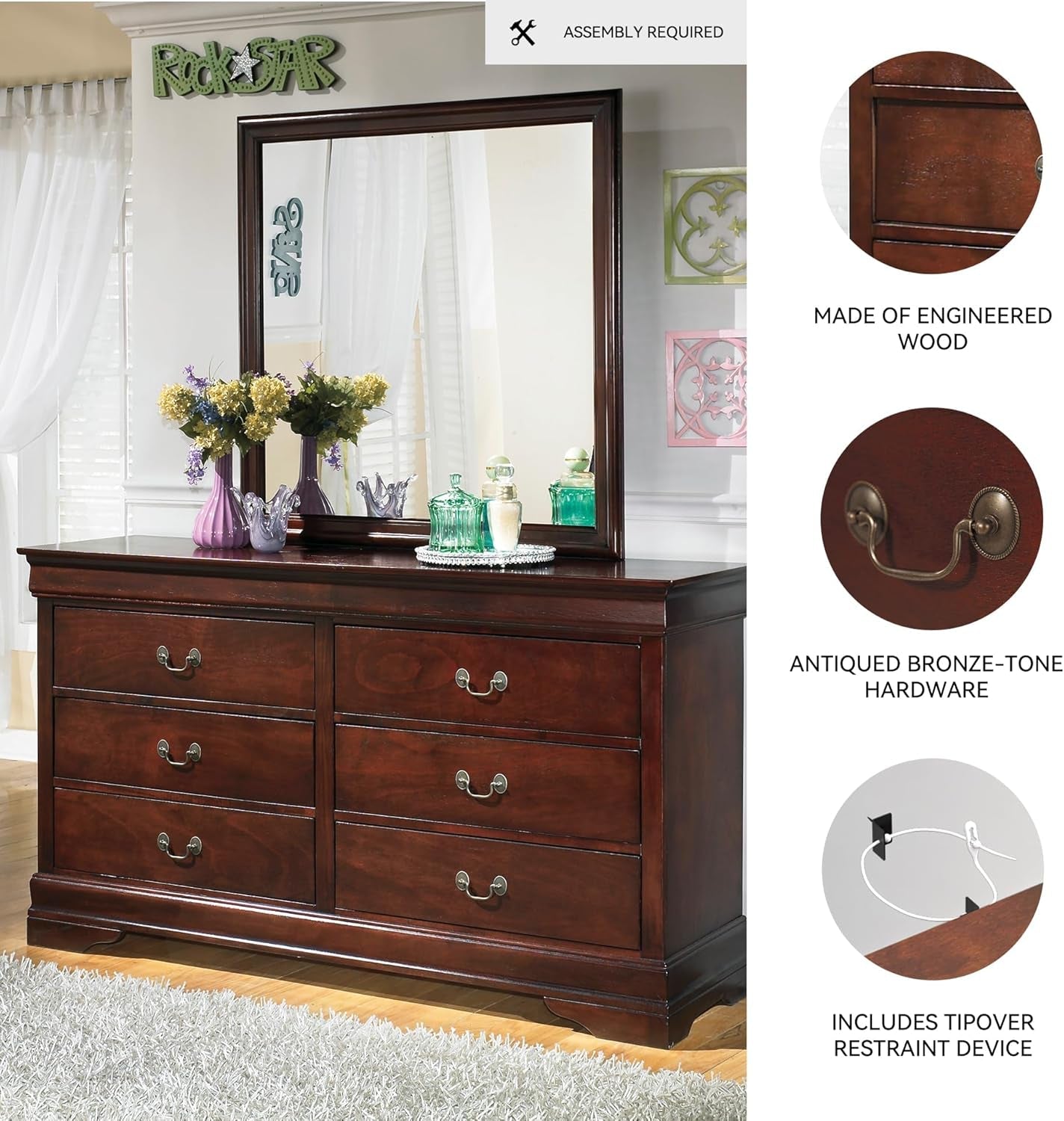 Alisdair Traditional Dark Brown Six Drawer Dresser-3