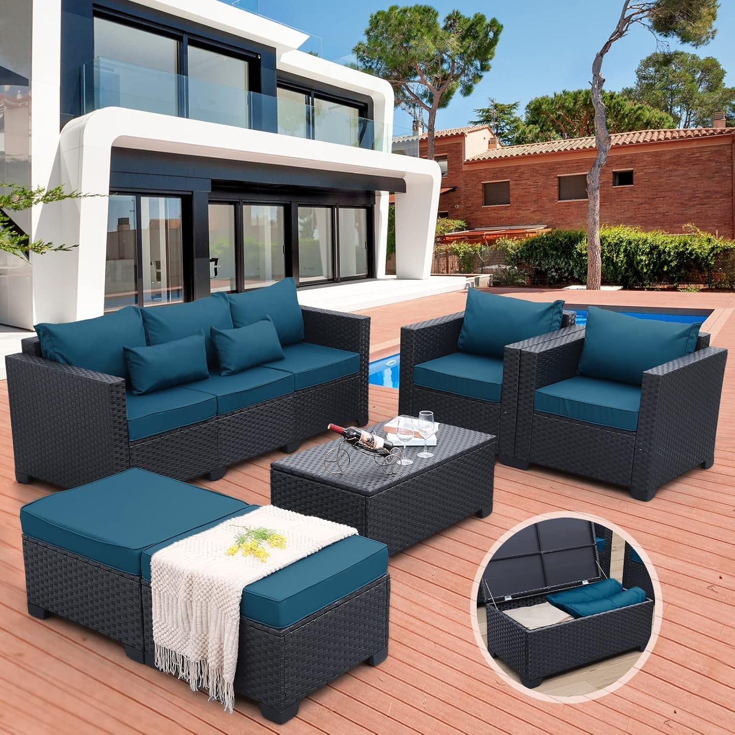 Patio Furniture Set 6 Pieces Peacock Blue Cushions Included-2