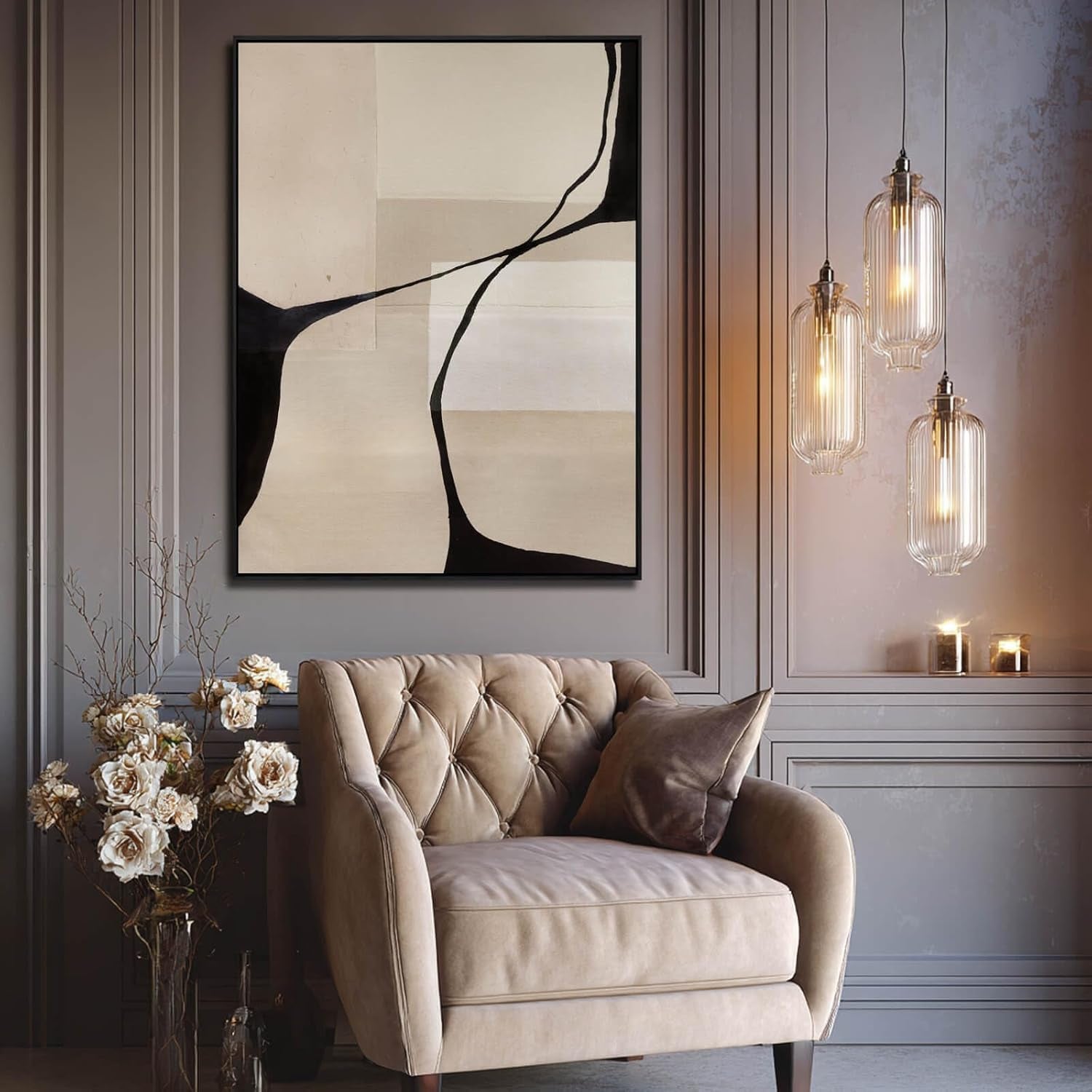 Hand Painted Abstract Black Beige Canvas Wall Art 36x48 Inch-3