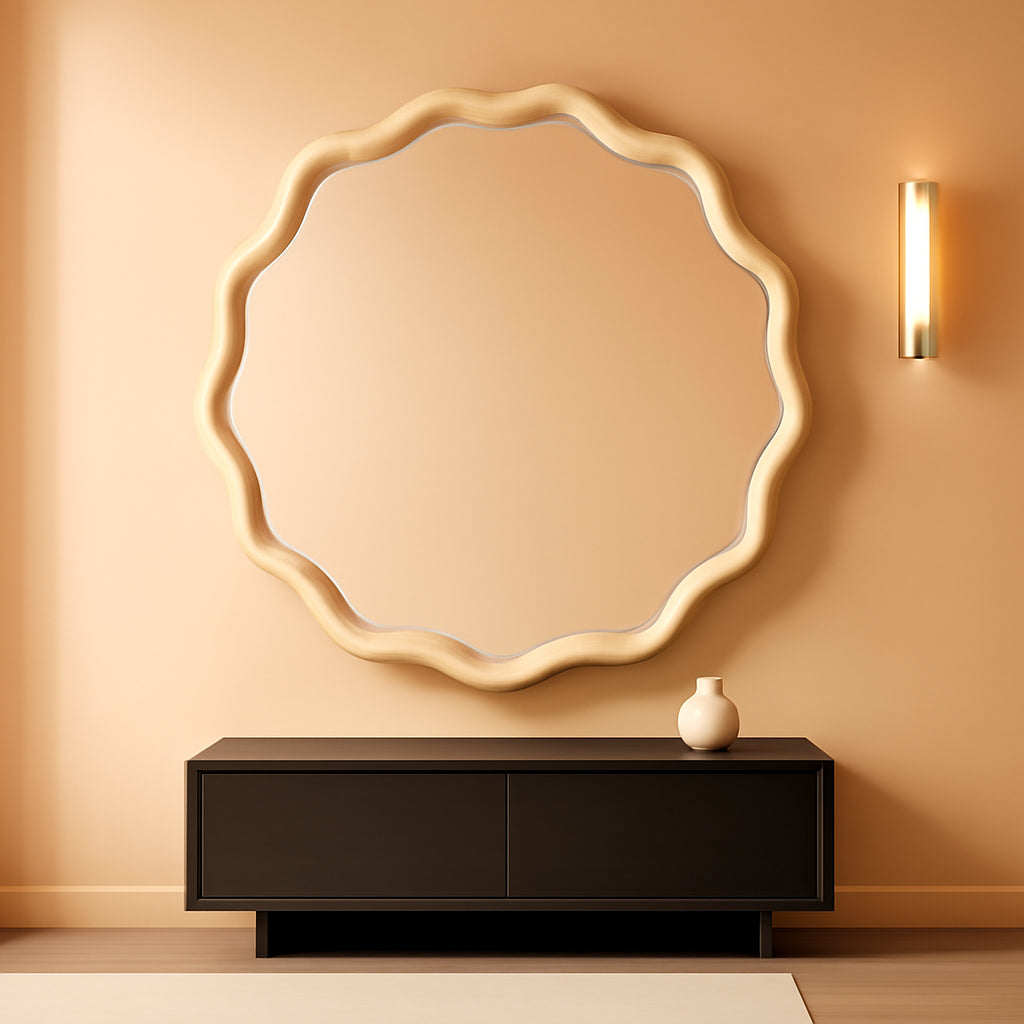 Round Wood Wall Mirror 24 Inch Shatterproof Glass Mounted-0