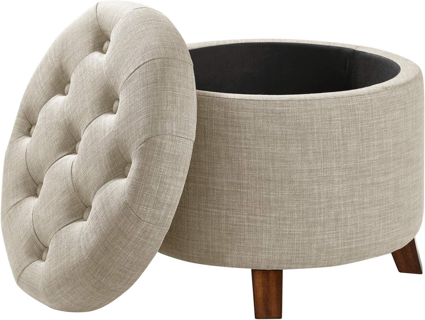 Beige Linen Round Storage Ottoman Featuring Tufting-4
