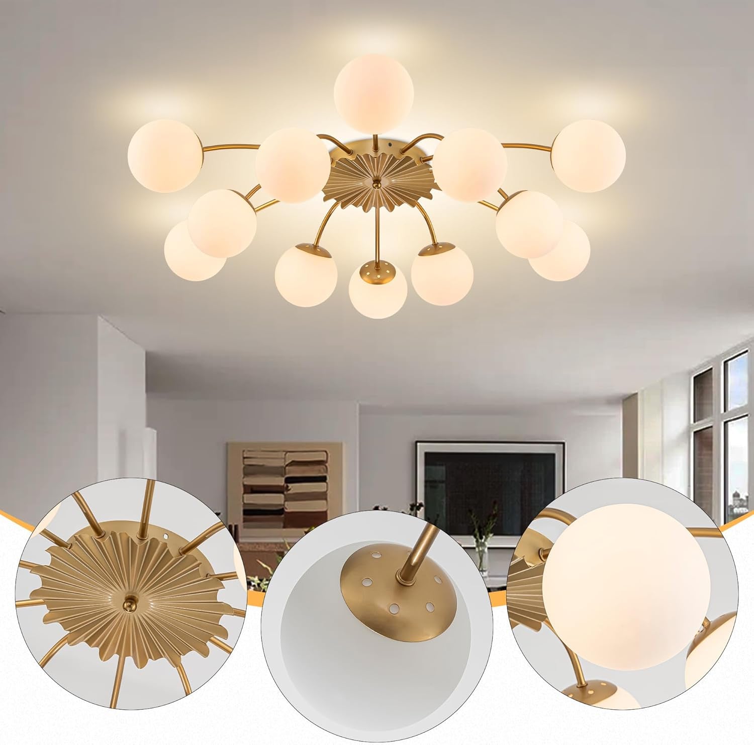 38 Inch Gold Sputnik Chandelier Opal Glass Design Ultra-3