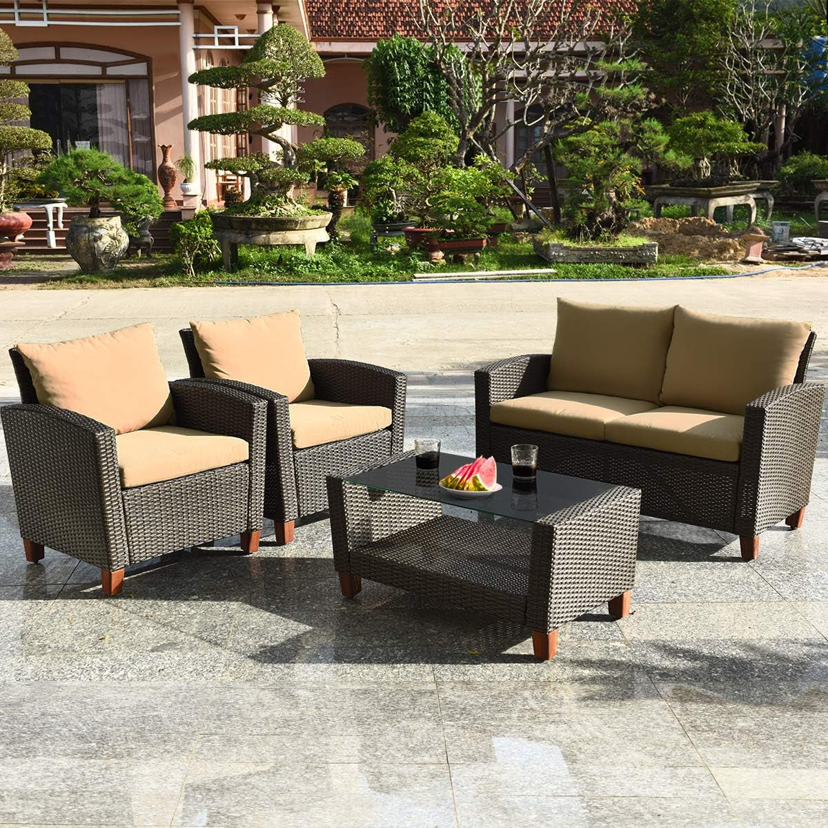 Patio Rattan Furniture Set 4 Piece Beige For Outdoor Use-2