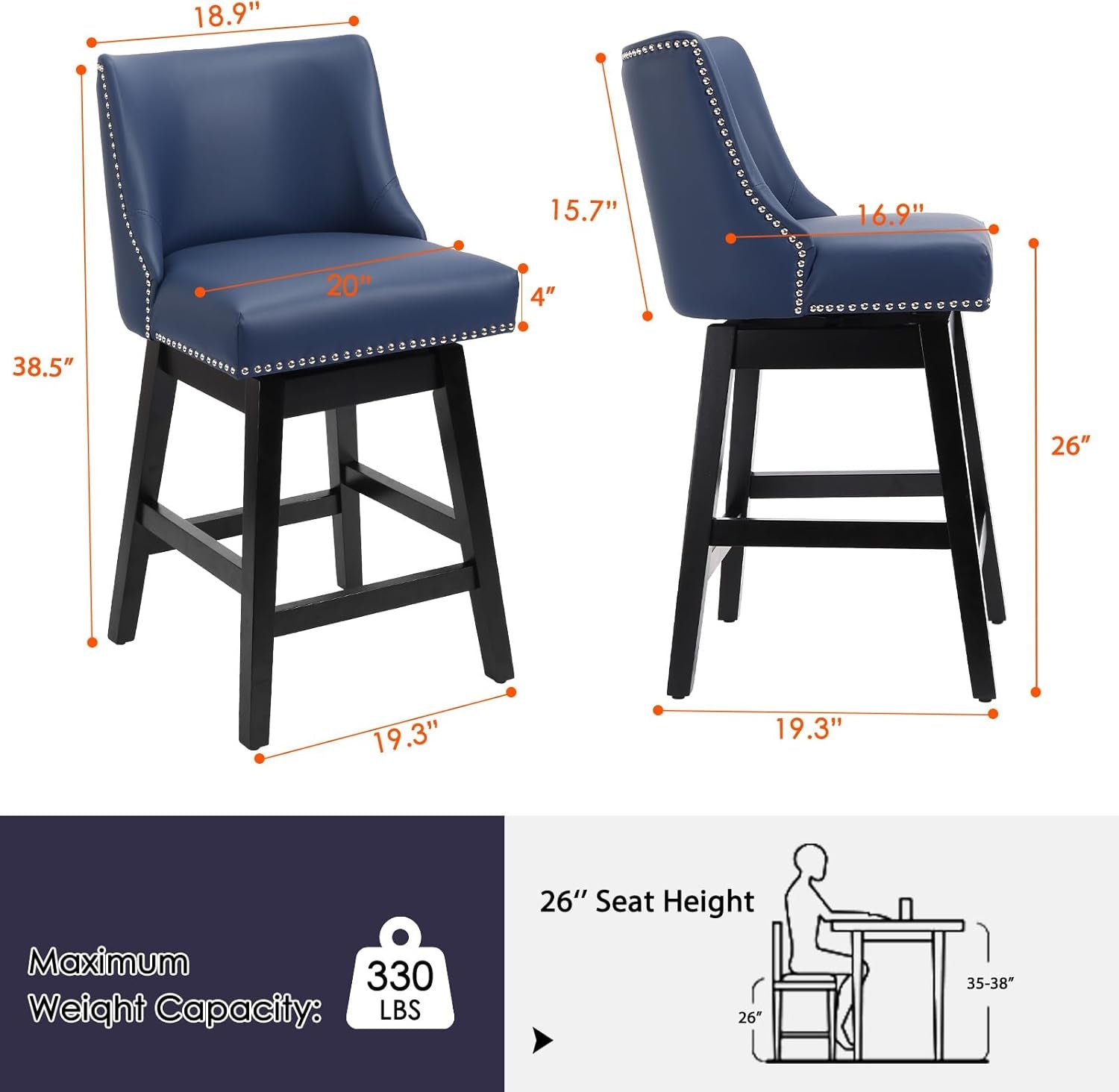 Swivel Bar Stools Set of 2 with Thicker Wood Legs,26" Counter Height Bar Stools,Faux Leather Upholstered Barstools with Backs,Bar Stool for Kitchen Counter,Island,300Lbs,Blue-2