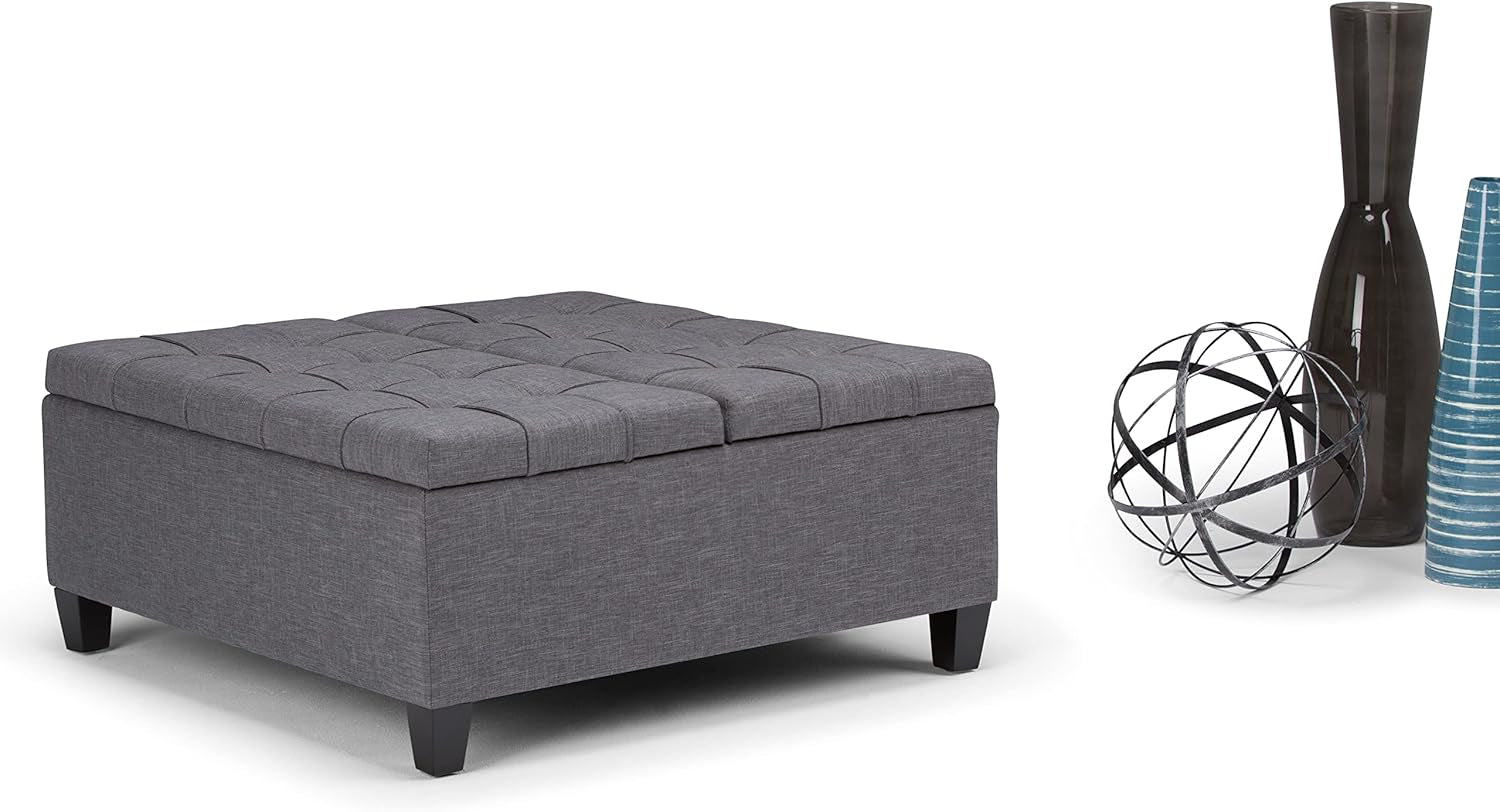 Slate Grey Linen Upholstered Lift Ottoman StorageCompartment-2