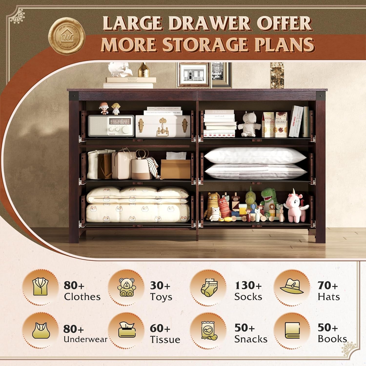 Brown Farmhouse 53InchWide 6Drawer Dresser With RusticHandles-3