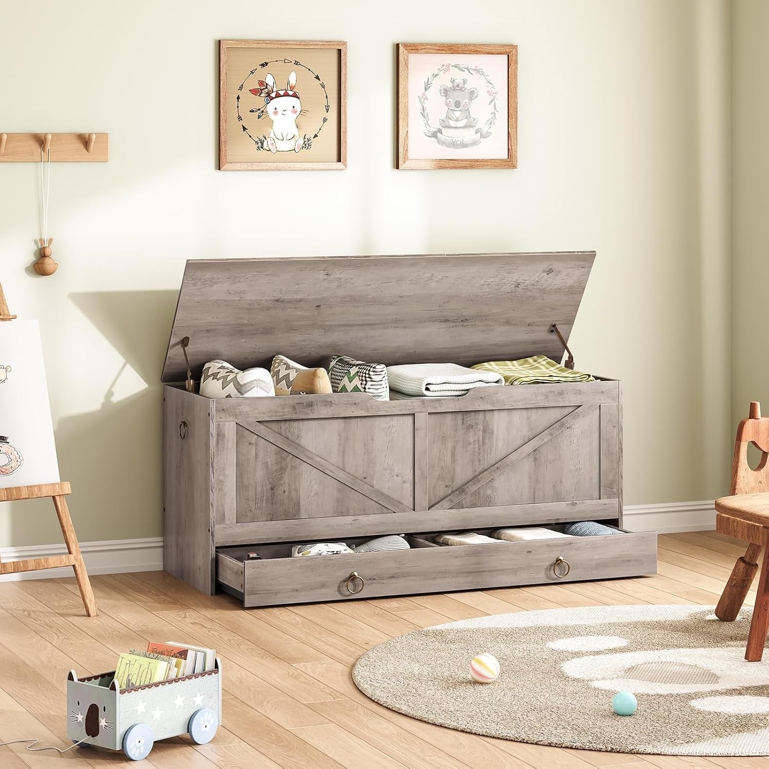 SolidWoodFinish Storage Bench Greige 43Inch Drawer-1