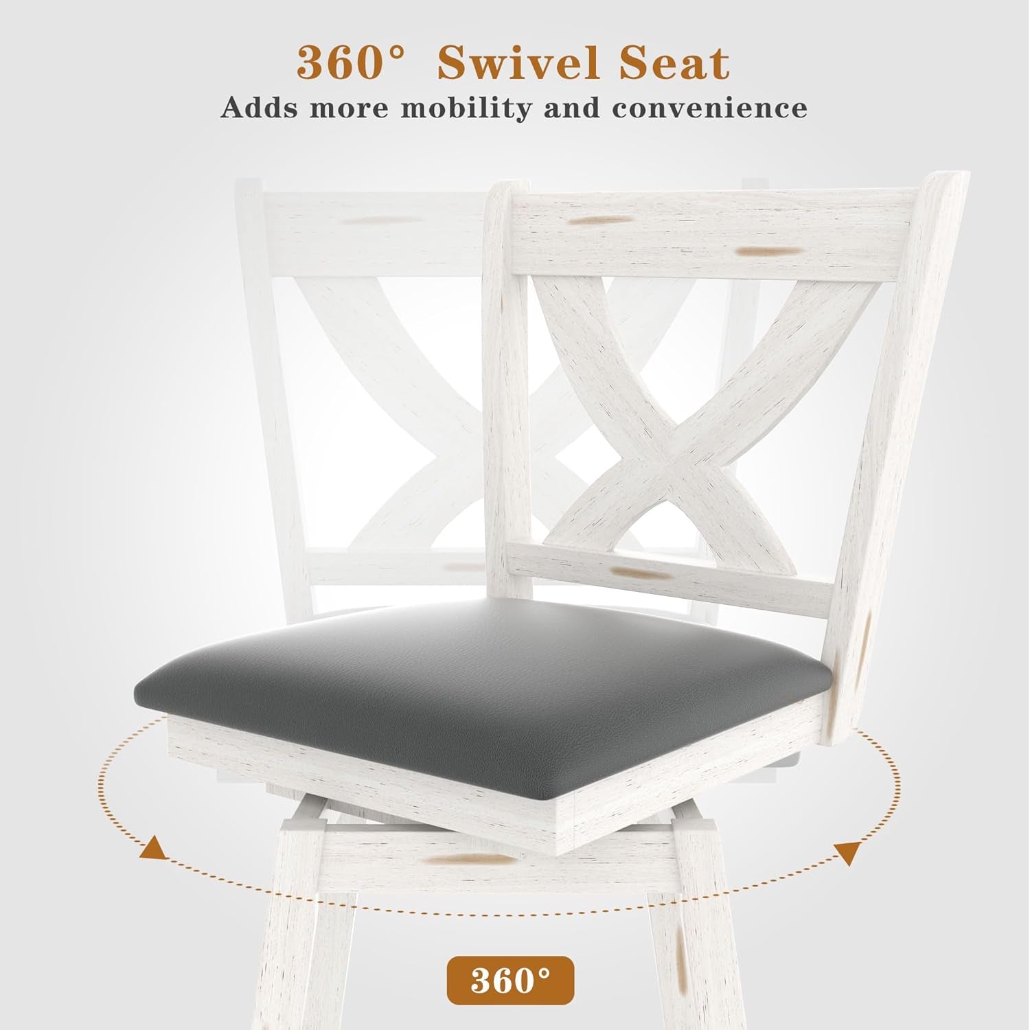 24" Swivel Counter Height Stools, High Back Swivel Bar Stools with Grey Faux Leather Upholstered Seat & Solid Wood Footrest, Counter Bar Chairs for Kitchen Island & Pub (Antique White, Set of 2)-3
