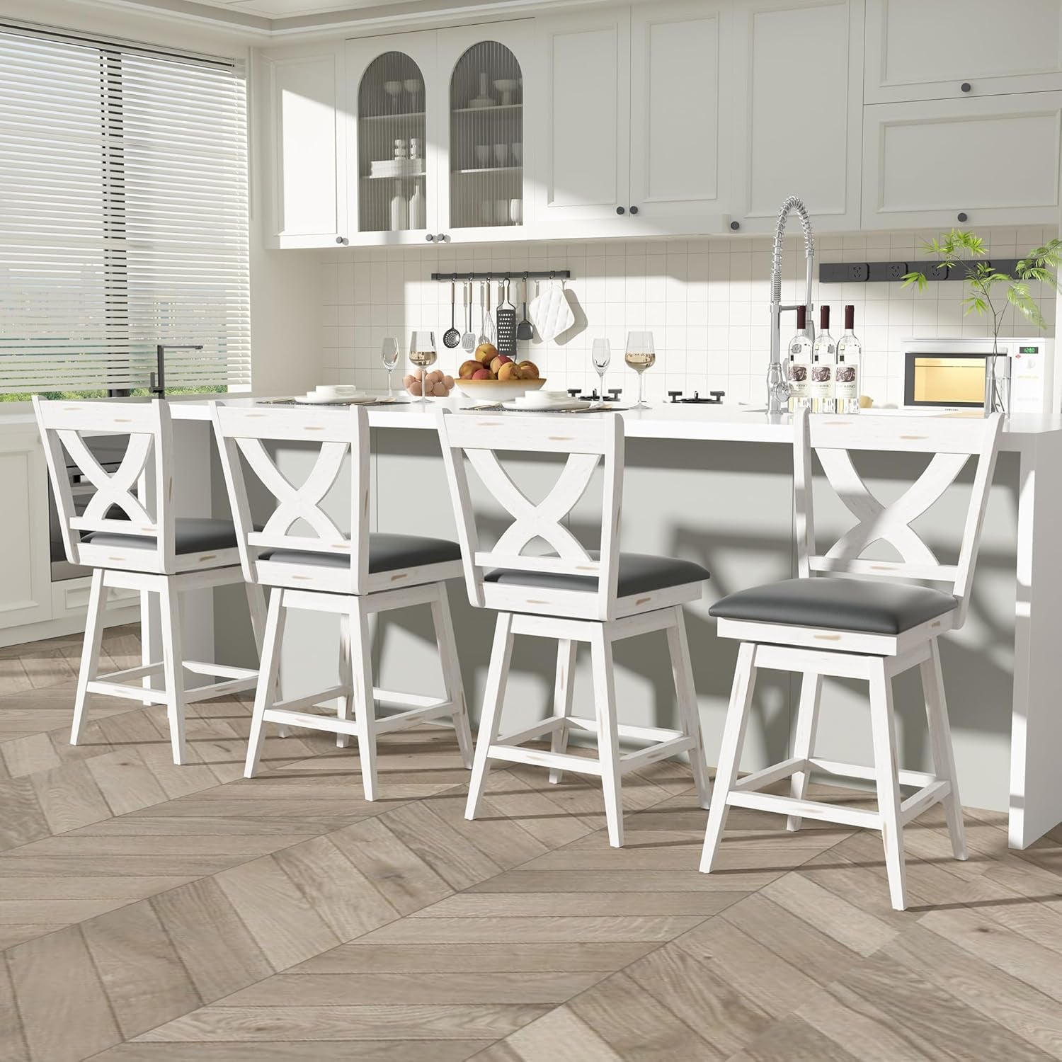 24" Swivel Counter Height Stools, High Back Swivel Bar Stools with Grey Faux Leather Upholstered Seat & Solid Wood Footrest, Counter Bar Chairs for Kitchen Island & Pub (Antique White, Set of 2)-2
