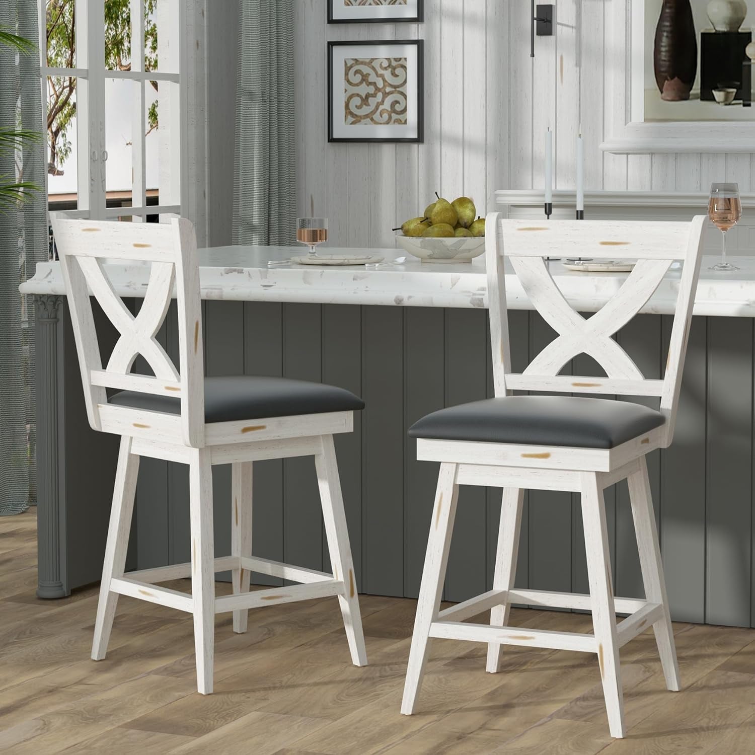 24" Swivel Counter Height Stools, High Back Swivel Bar Stools with Grey Faux Leather Upholstered Seat & Solid Wood Footrest, Counter Bar Chairs for Kitchen Island & Pub (Antique White, Set of 2)-0