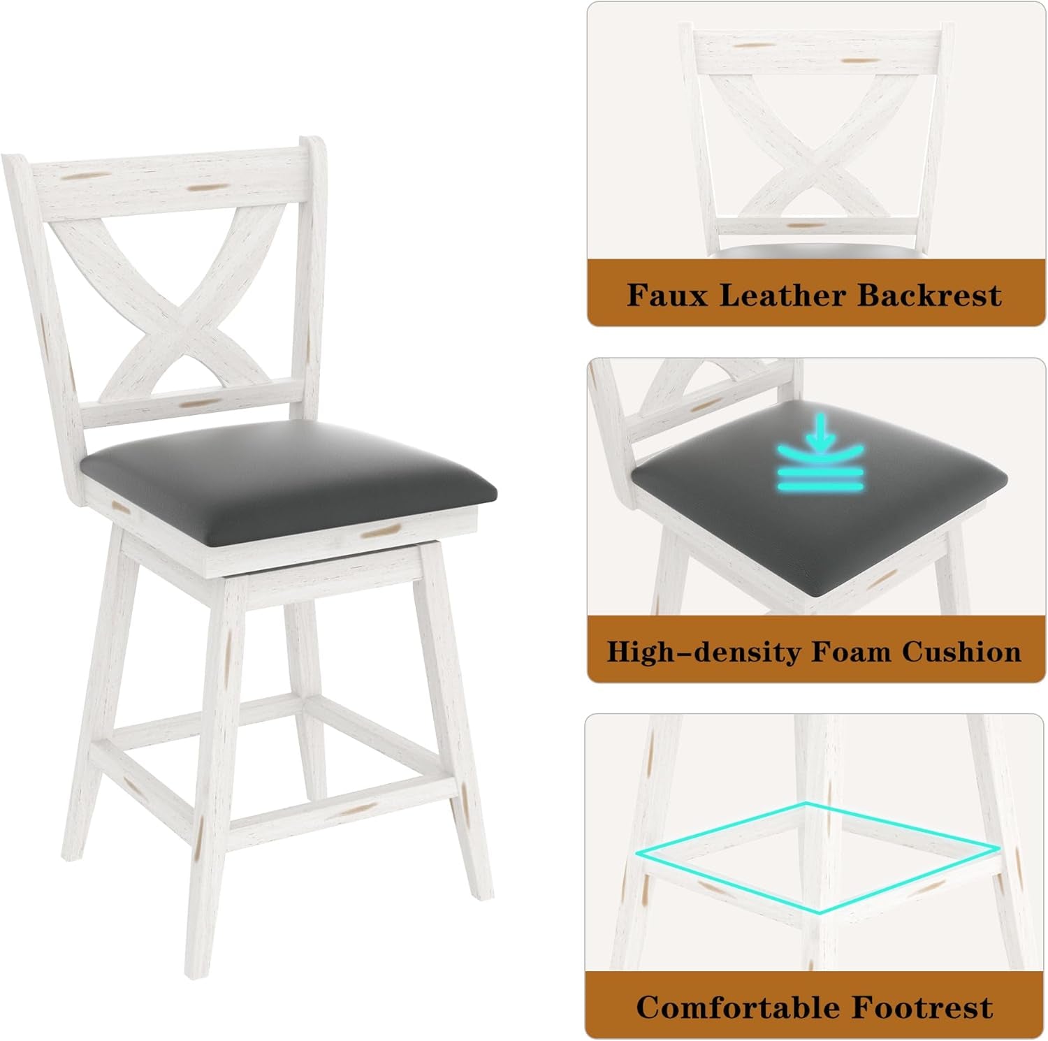 24" Swivel Counter Height Stools, High Back Swivel Bar Stools with Grey Faux Leather Upholstered Seat & Solid Wood Footrest, Counter Bar Chairs for Kitchen Island & Pub (Antique White, Set of 2)-4