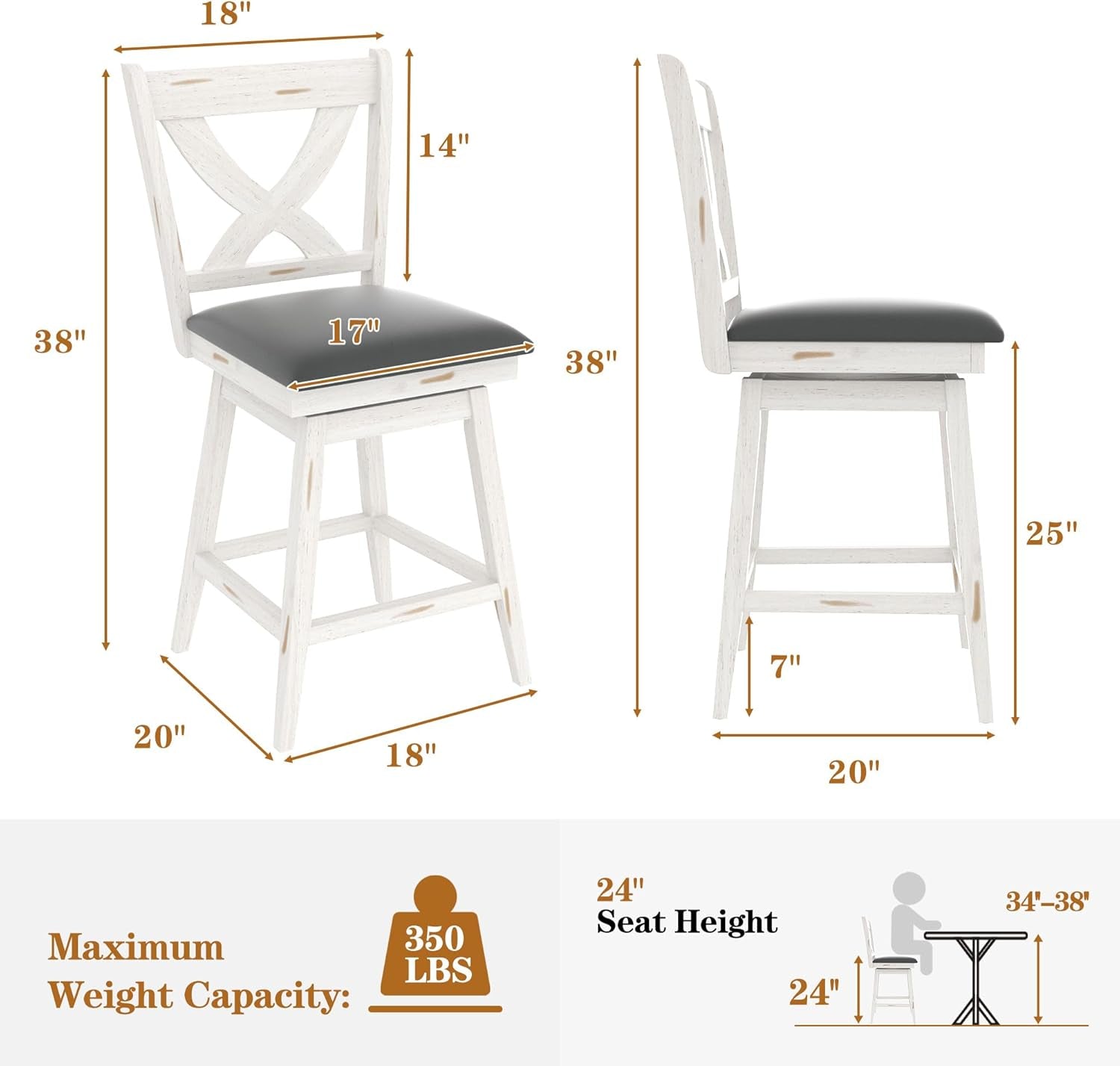 24" Swivel Counter Height Stools, High Back Swivel Bar Stools with Grey Faux Leather Upholstered Seat & Solid Wood Footrest, Counter Bar Chairs for Kitchen Island & Pub (Antique White, Set of 2)-1