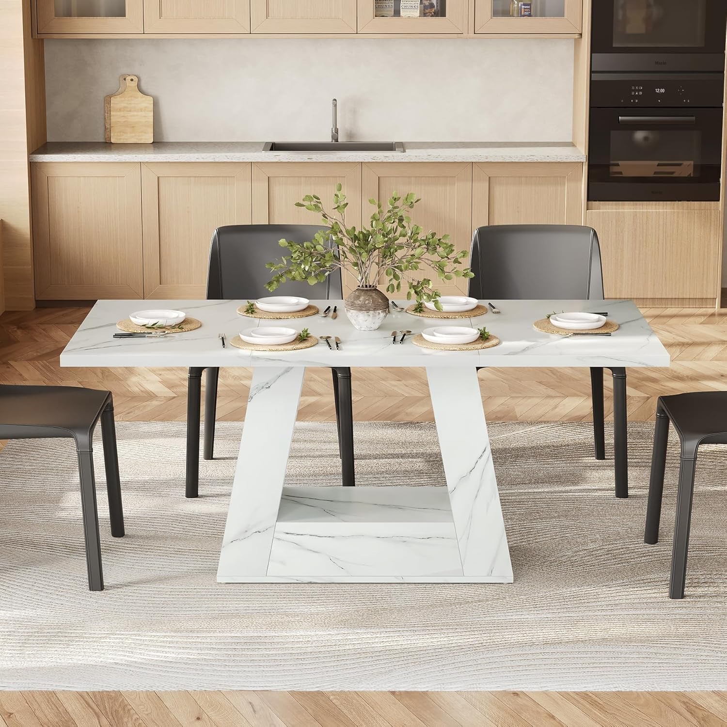 63 Inch White Faux Marble Rectangular Dining Table-4
