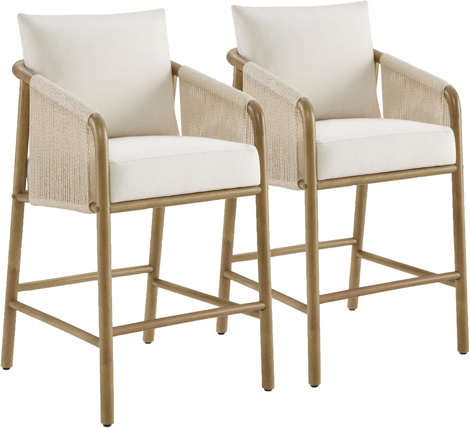 Paper Cord Braid Counter Height Barstools Set of 2, Fabric Upholstered Woven Rope Counter Stools with Back and Armrest for Kitchen Island Home Bar, 27" Seat Height, Cream-0