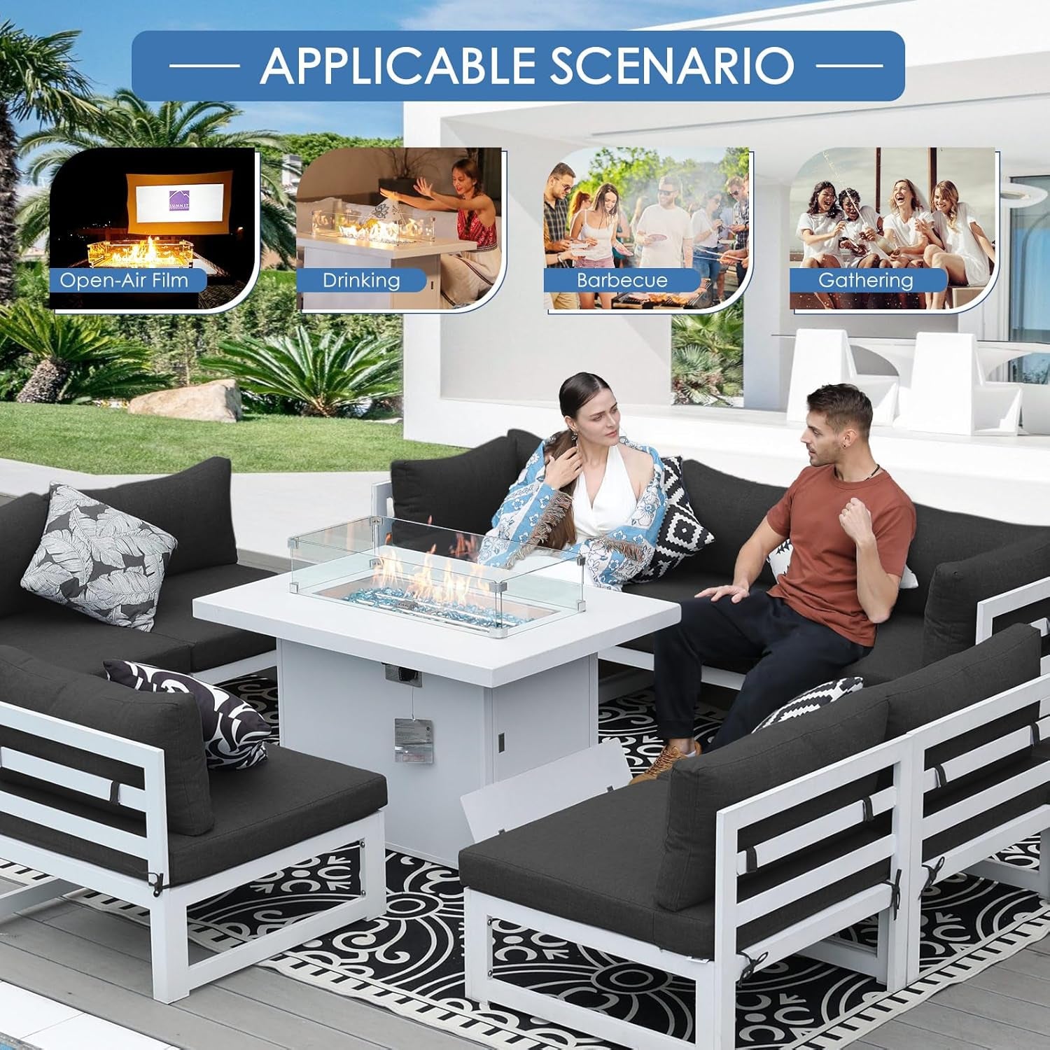 White Aluminum Outdoor Patio Furniture Set With Fire Pit-1